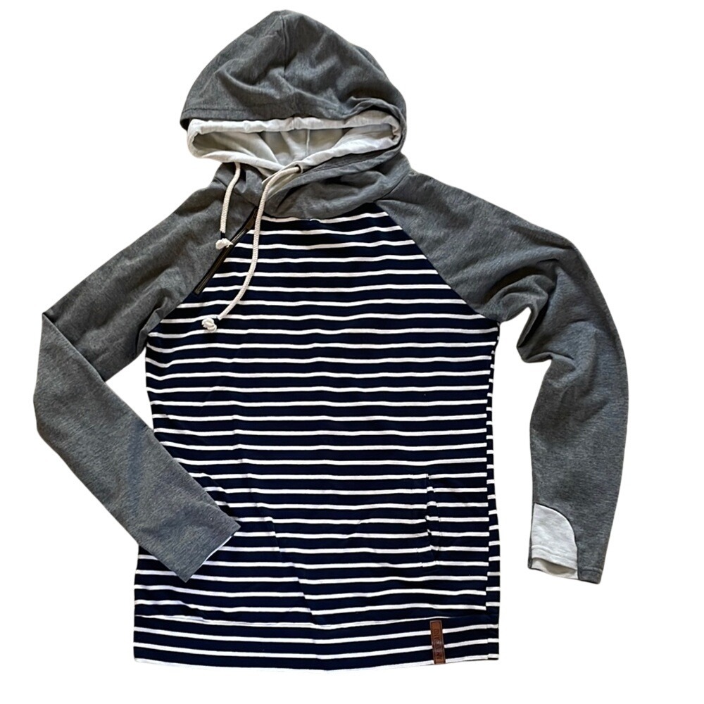 Ampersand Avenue Nautical Striped Hoodie Navy Grey Side Zip Thumbhole Medium